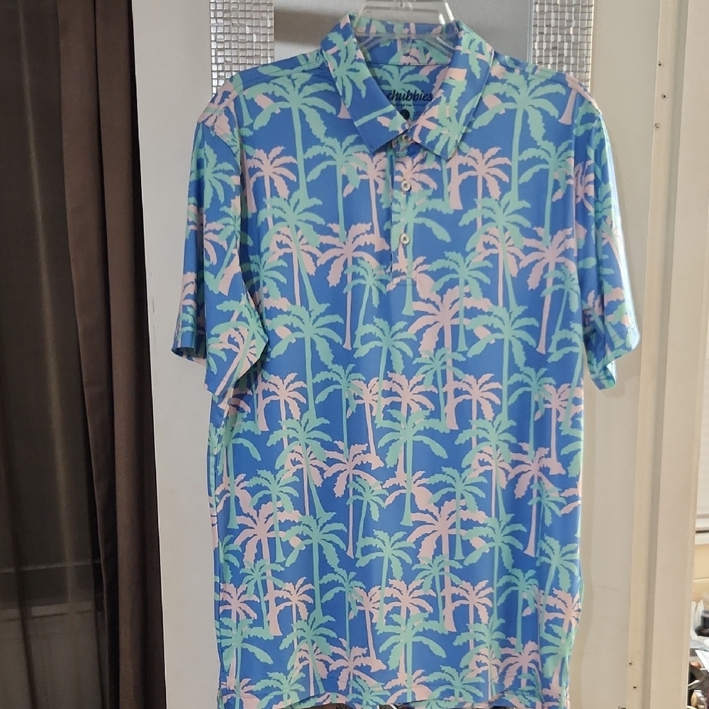 Chubbies Soft Performance Stretch Men’s Blue Tropical Palm Polo Golf Shirt